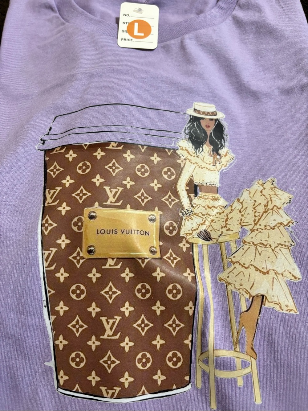 NEW LV inspired Lilac Graphic Tee with Brown Monogram and Cream - Large